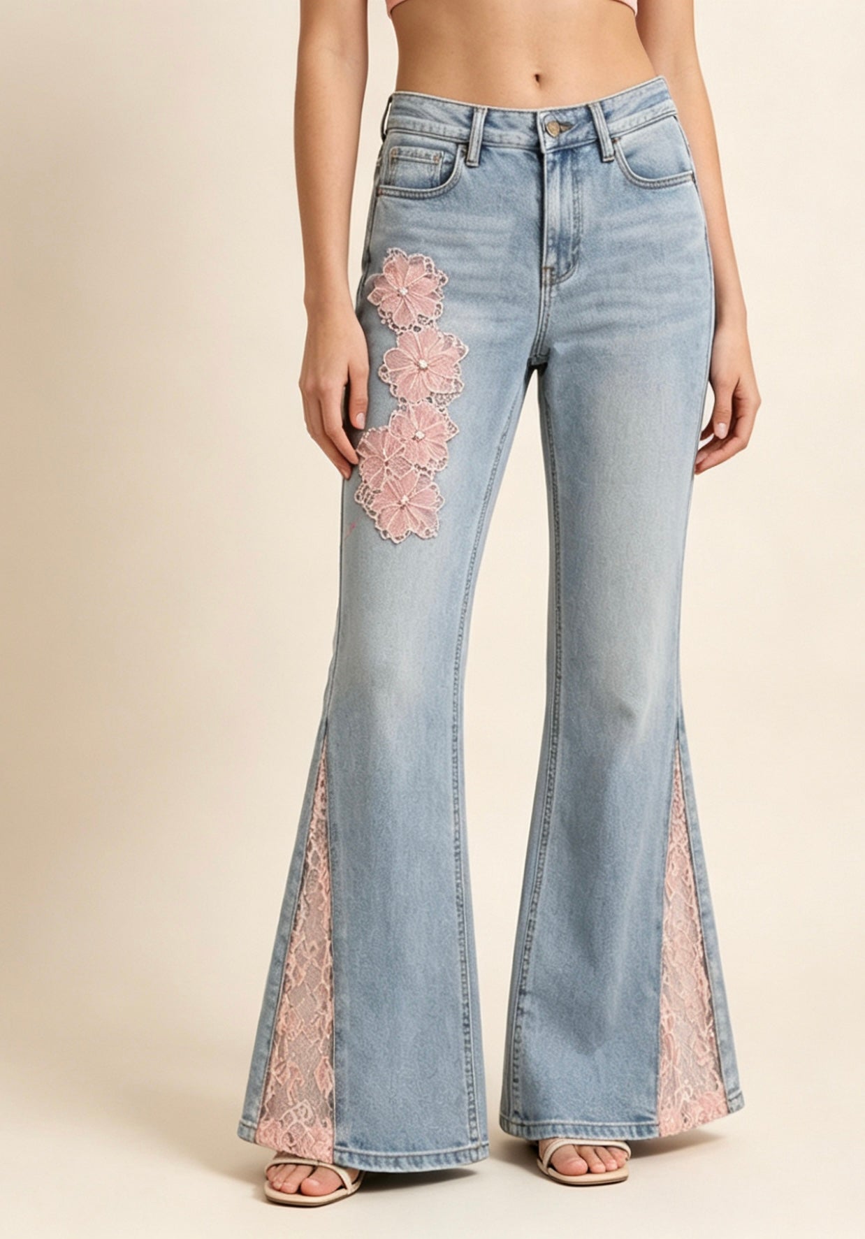 CélavieDenim Handmade Floral Lace Flared Jeans