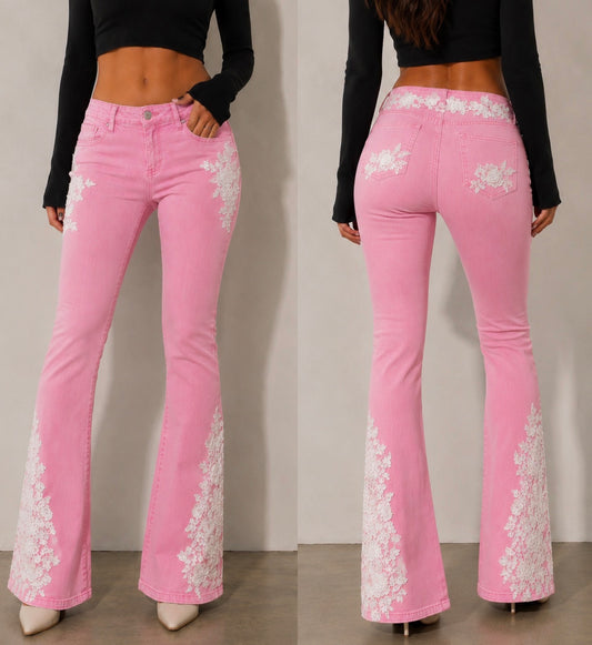 CélavieDenim Handmade Floral Lace Flared Jeans