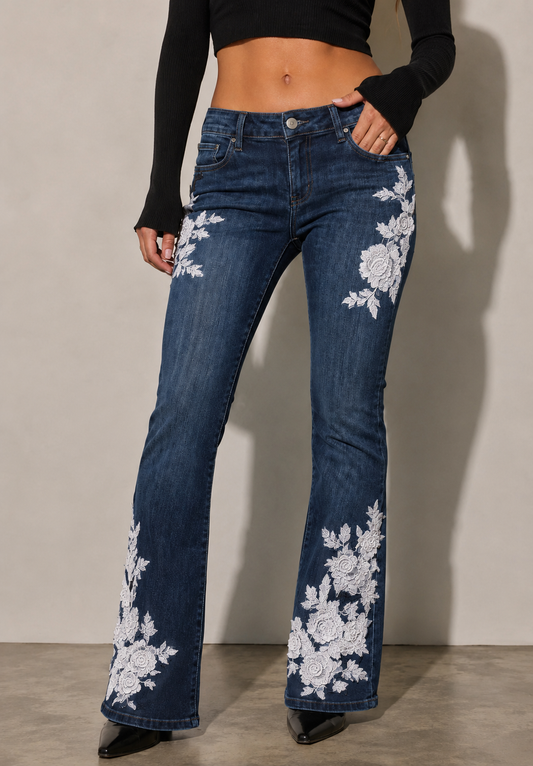 CélavieDenim Handmade Embroidered Flower Flared Jeans