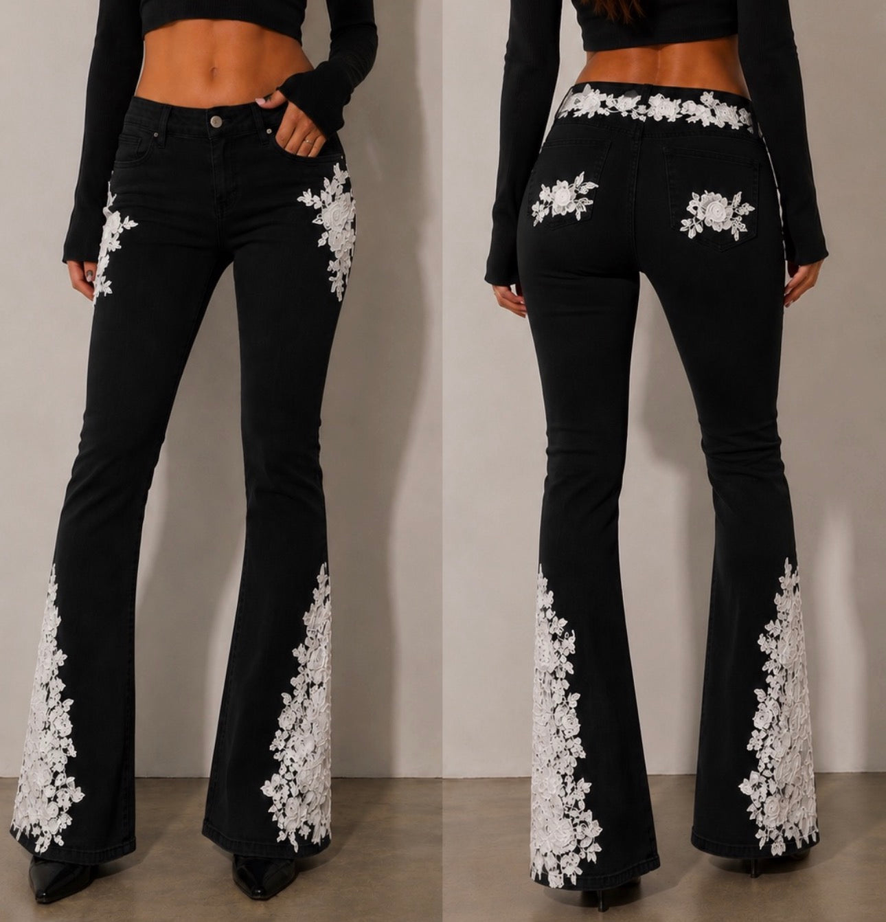 CélavieDenim Handmade Floral Lace Flared Jeans