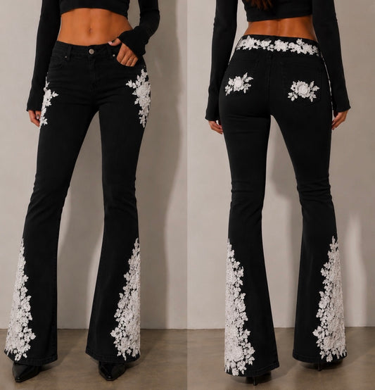 CélavieDenim Handmade Floral Lace Flared Jeans
