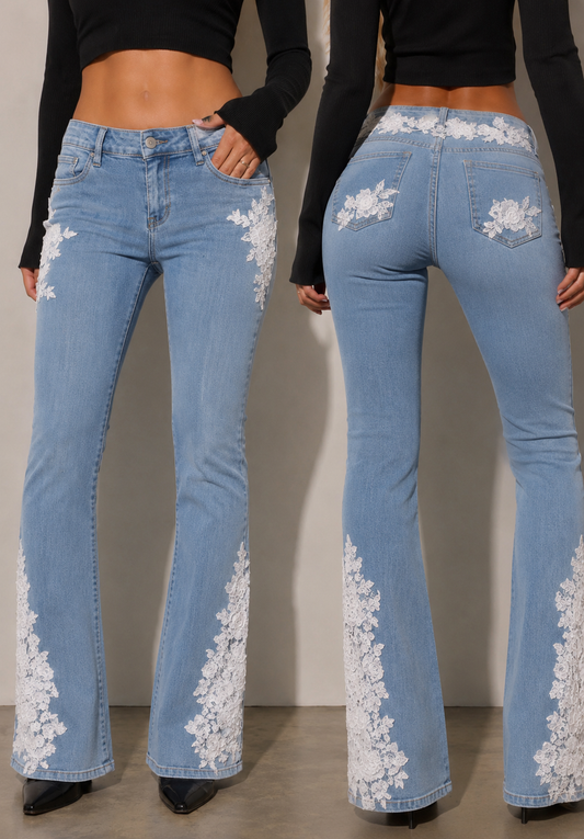 CélavieDenim Handmade Floral Lace Flared Jeans