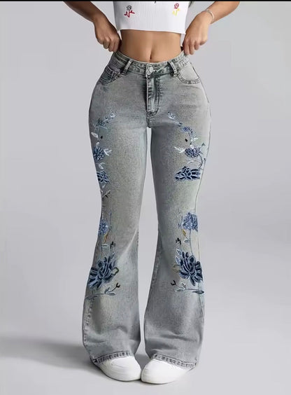 CélavieDenim Handmade Embroidery Flared Jeans