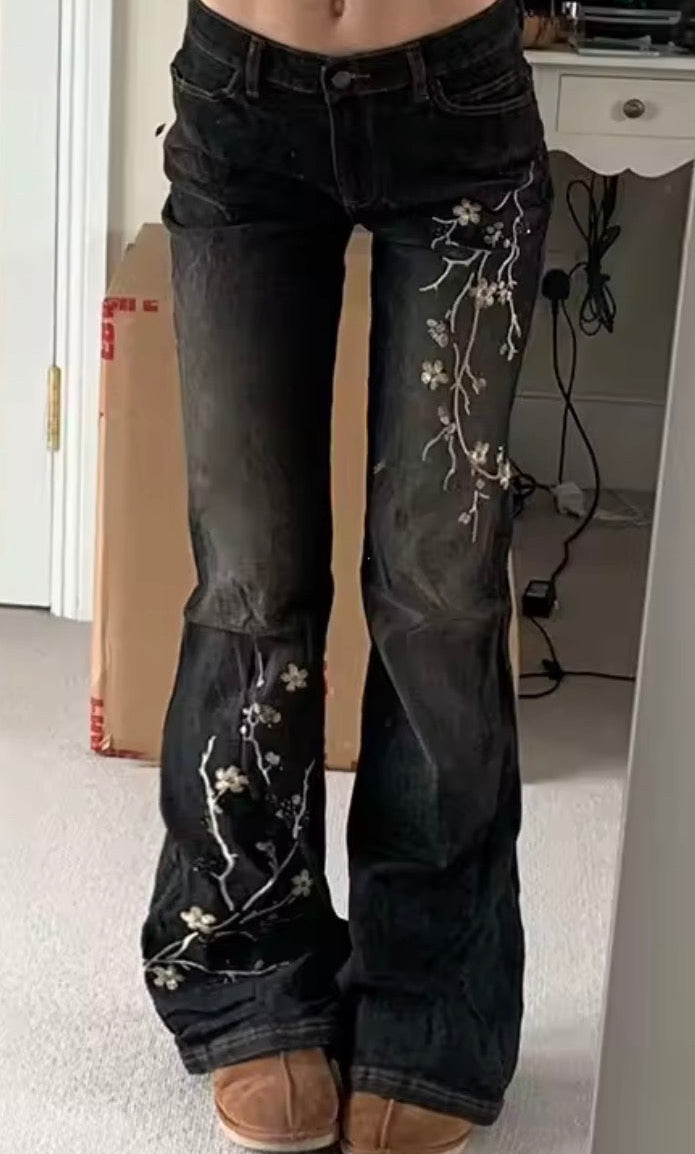CélavieDenim Handmade Black Floral Lace Flared Jeans