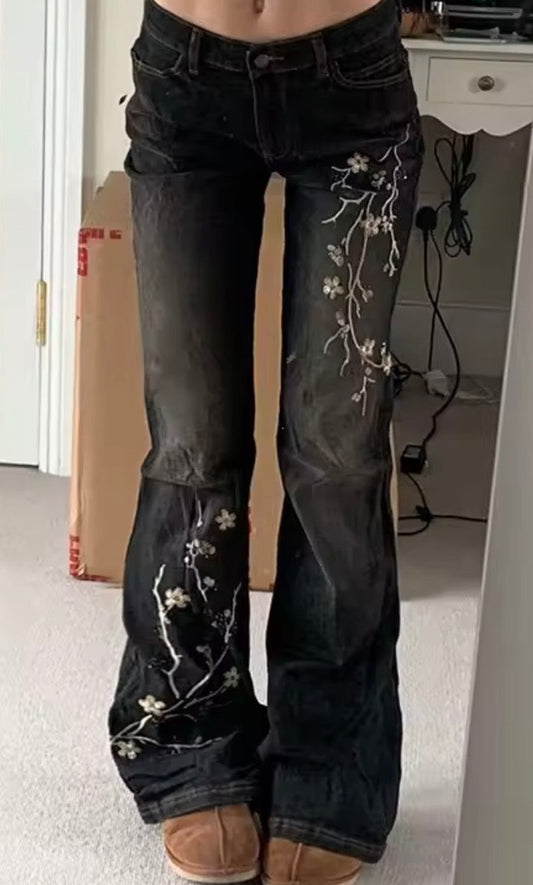 CélavieDenim Handmade Black Floral Lace Flared Jeans